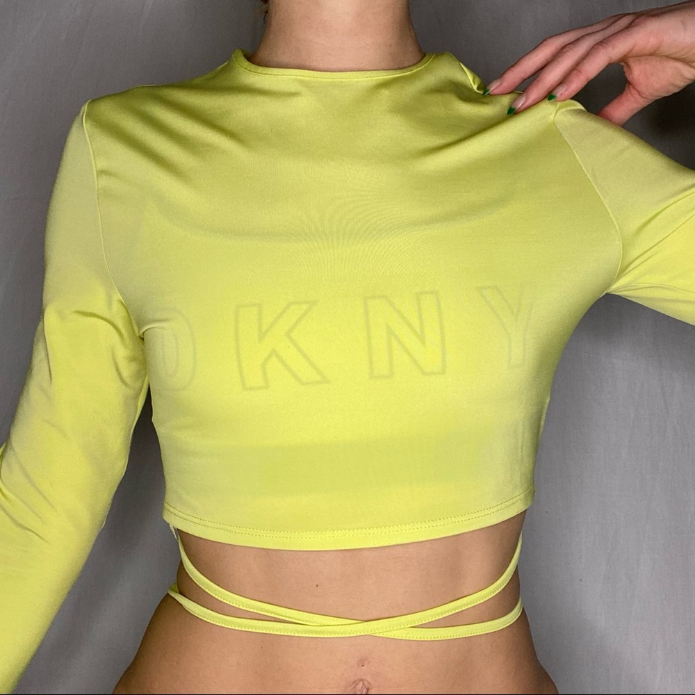 H&M Neon Yellow Tie-up Crop Top, tie bottom detail, long sleeve, size medium